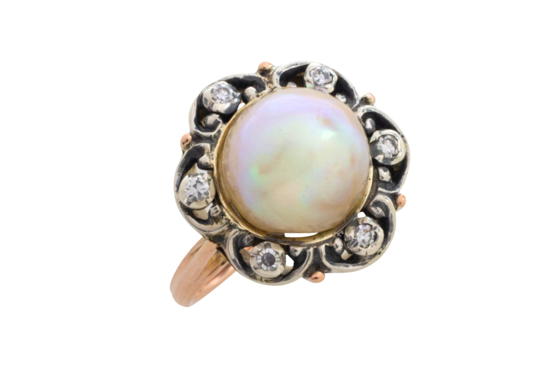 Pearl and single cut diamond ring in silver and gold-Antique rings-The Antique Ring Shop