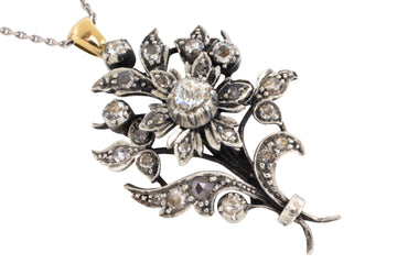 Rose diamond flower pendant in silver and gold-Pendants-The Antique Ring Shop