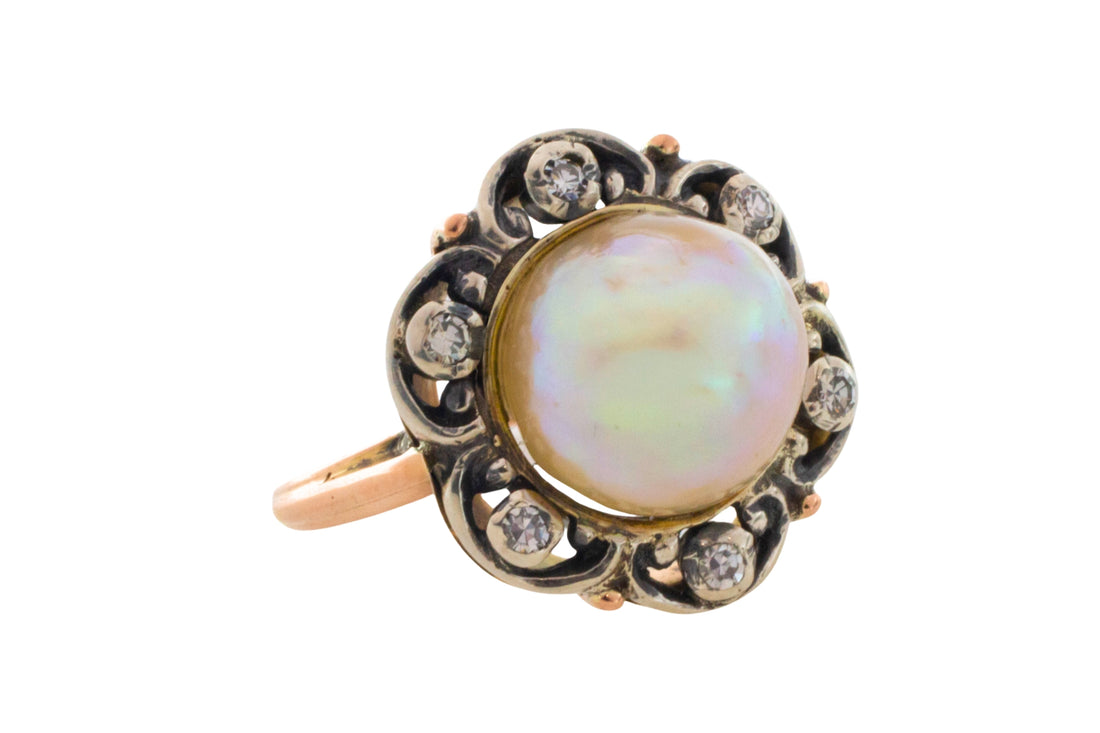 Pearl and single cut diamond ring in silver and gold-Antique rings-The Antique Ring Shop