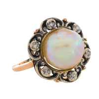 Pearl and single cut diamond ring in silver and gold-Antique rings-The Antique Ring Shop