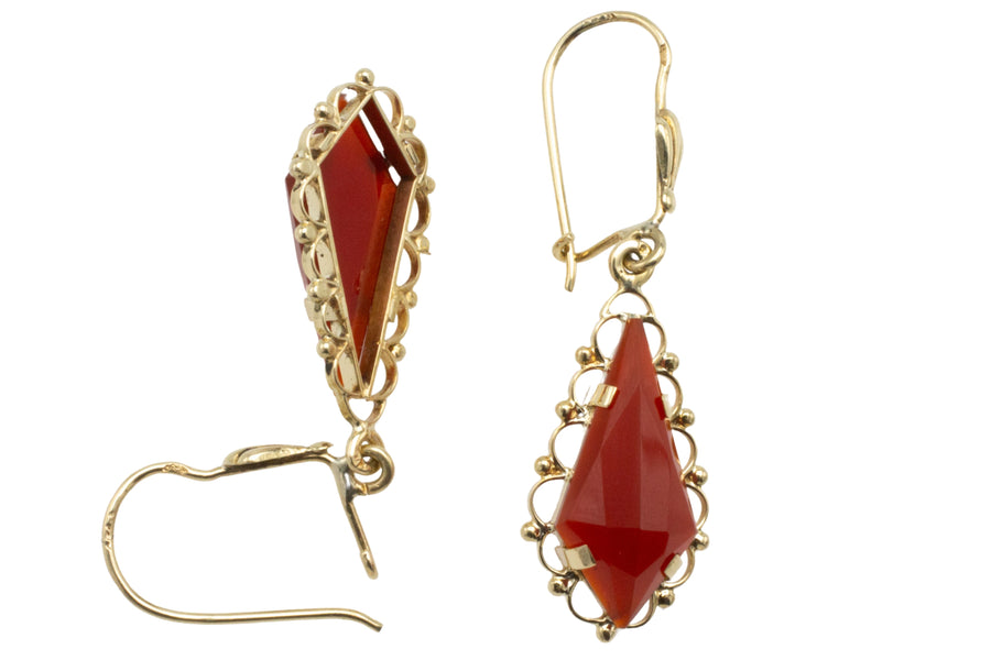 Carnelian pendant earrings in 14 carat gold-Earrings-The Antique Ring Shop