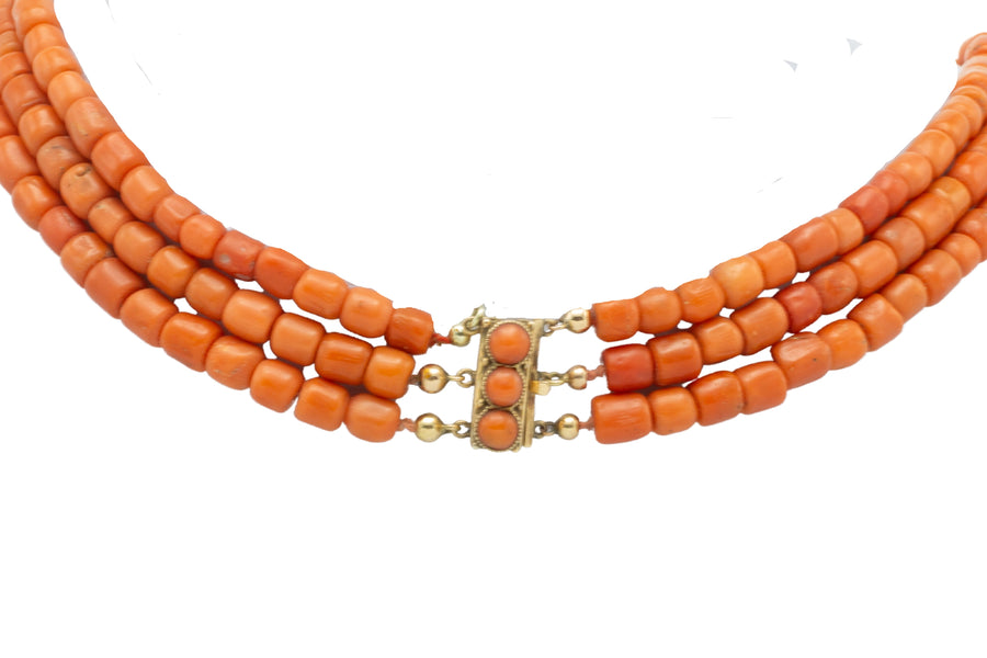 Three strand coral collier with 14 carat gold clasp-Necklaces-The Antique Ring Shop