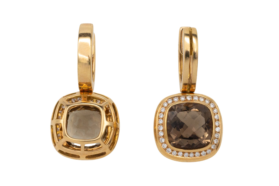 Smoked quartz pendant earrings with diamonds-Earrings-The Antique Ring Shop