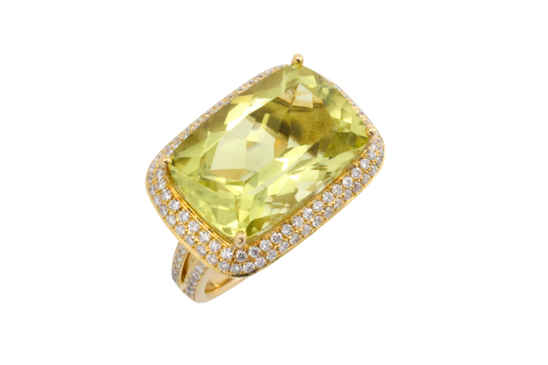 18 carat gold lemon quartz and diamond ring