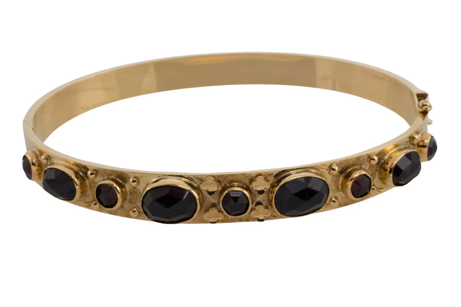 Garnet hinged bracelet in 14 carat gold-Bracelets-The Antique Ring Shop