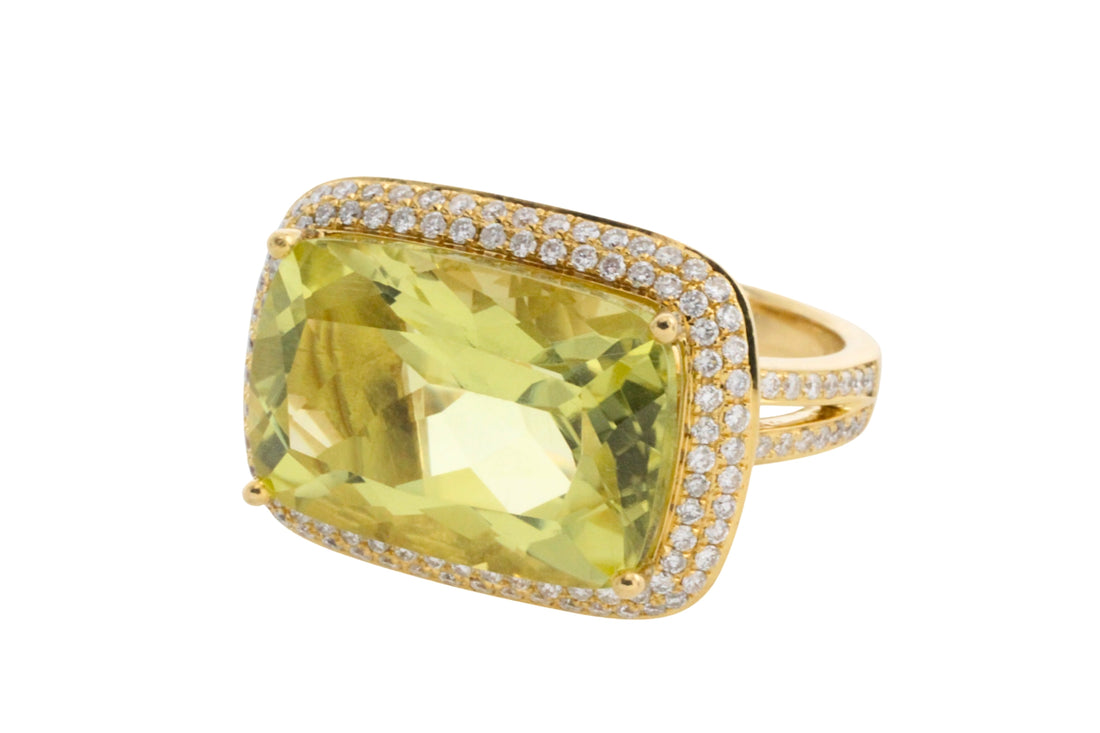 18 carat gold lemon quartz and diamond ring