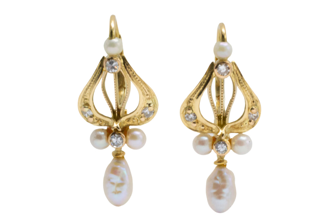 Vintage pearl and diamond earrings-Earrings-The Antique Ring Shop