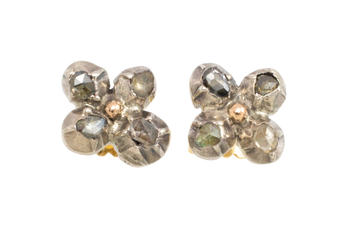 Rose diamond ear studs in silver and gold