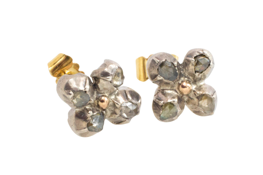 Rose diamond ear studs in silver and gold