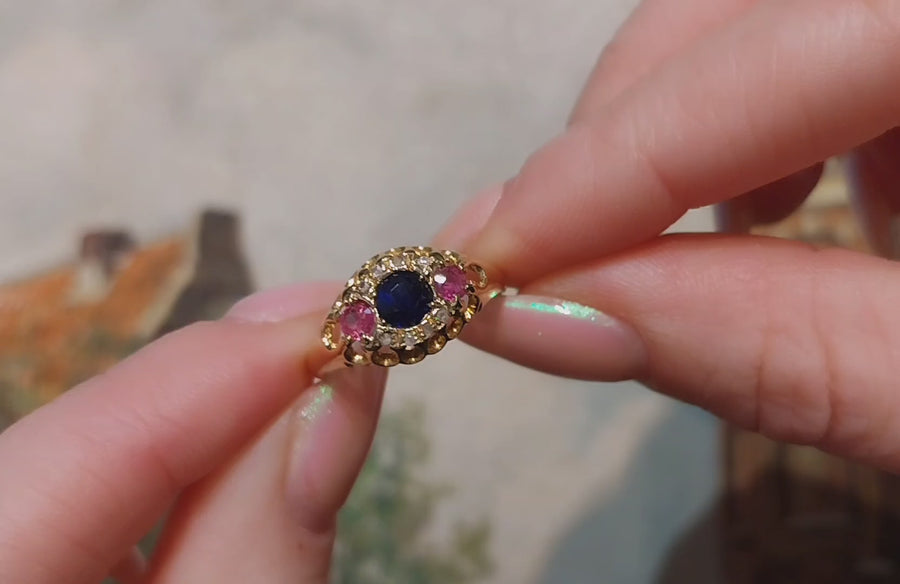 Edwardian 18 carat rose diamond sapphire and ruby ring