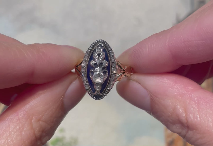 Rose diamond cobolt glass ring in gold and silver