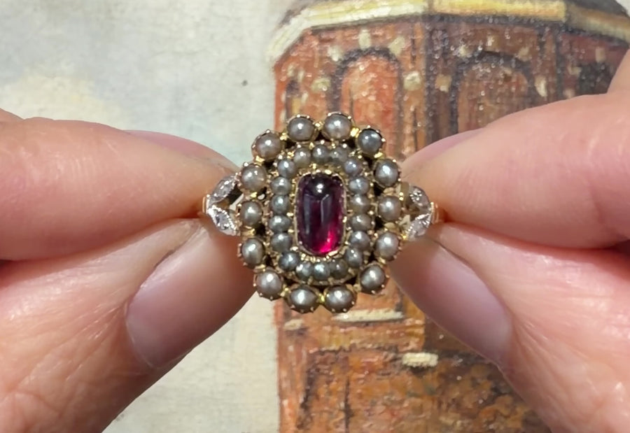 Tourmaline pearl and rose diamond ring