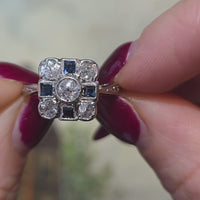 Art Deco old cut diamond and sapphire ring