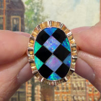 Opal and onyx checkerboard ring