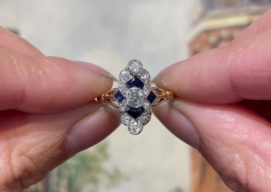 Edwardian sapphire and diamond navette ring