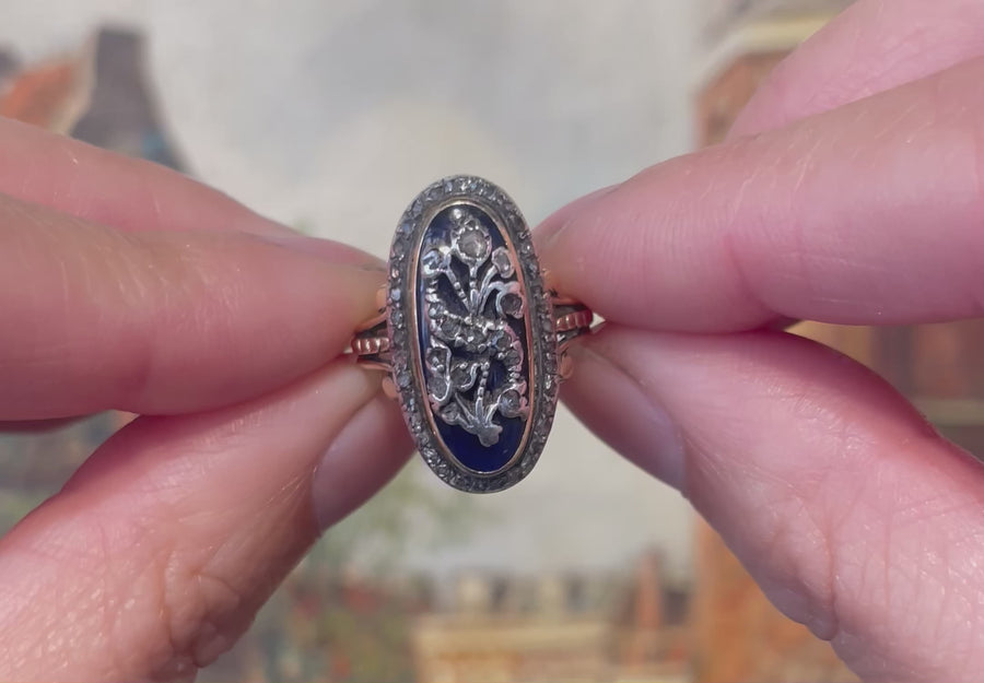 Rose diamond cobolt glass ring in gold and silver