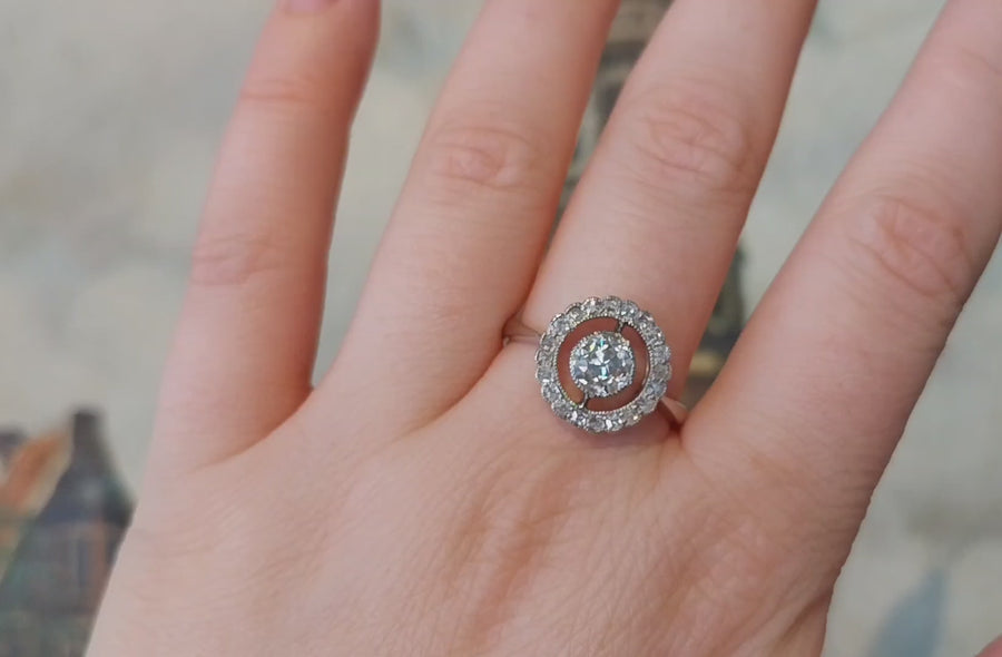 Platinum target ring with old cut diamonds