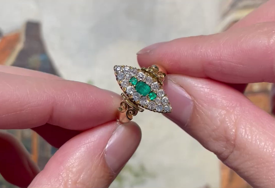 Emerald and diamond marquise ring from 1890