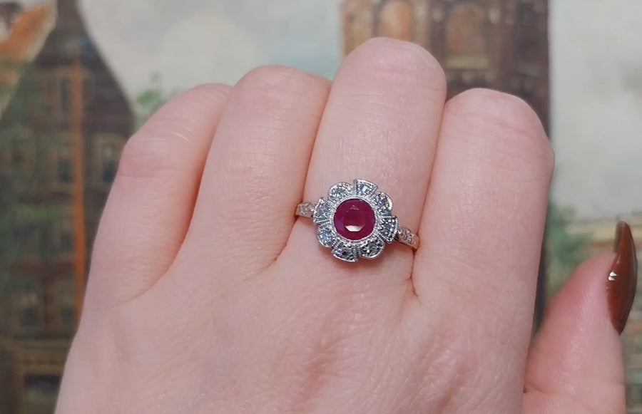 Vintage ruby and diamond ring in platinum and gold