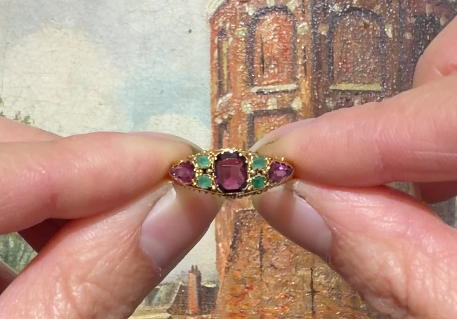 Victorian garnet and emerald ring from 1872