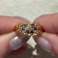 Edwardiaanse zigeunerstijl ring met saffier en roosgeslepen diamant uit 1907