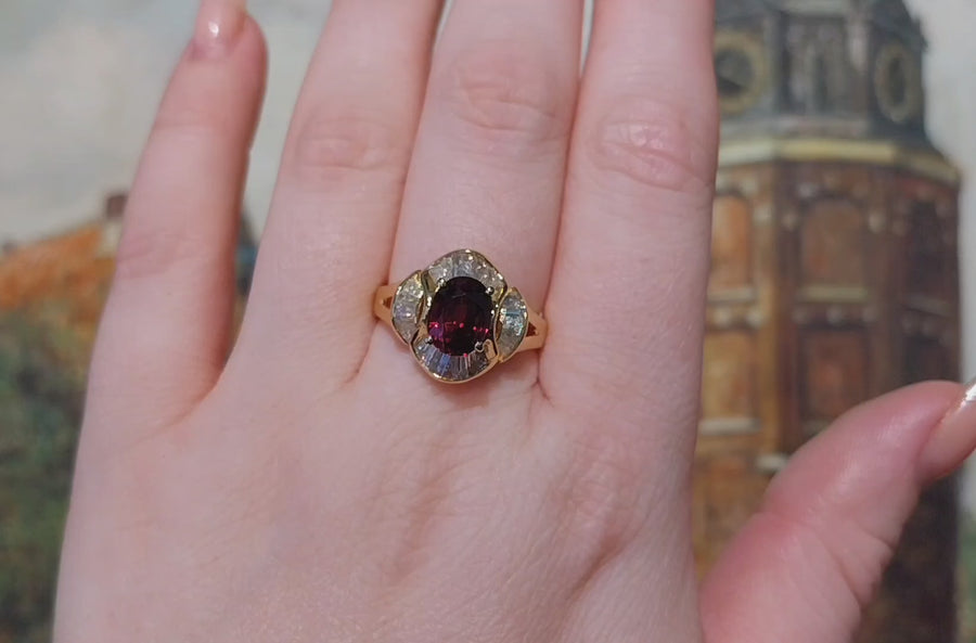 Baguette cut diamond ring with garnet