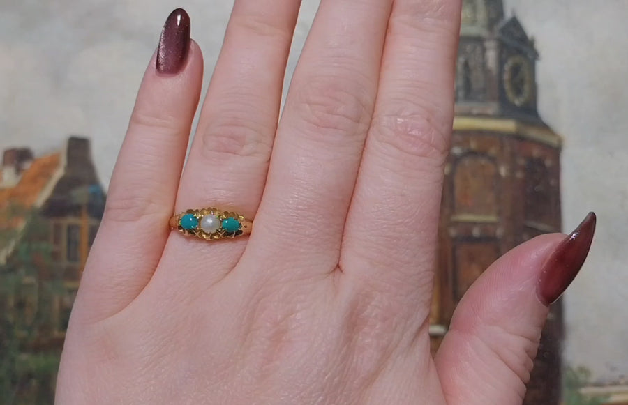 Victorian turquoise and pearl ring in 18 carat gold