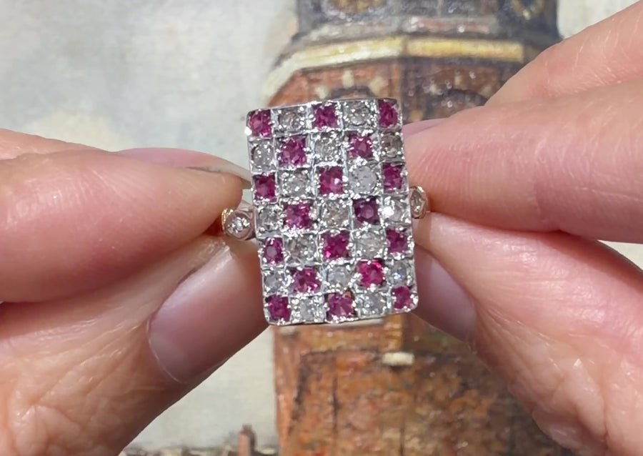 Art Deco ruby and diamond checkerboard ring