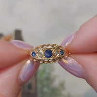 Edwardiaanse saffier en roosdiamanten ring uit 1914