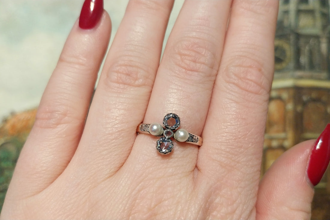 Antique rose diamond and pearl ring in silver and gold-Antique rings-The Antique Ring Shop