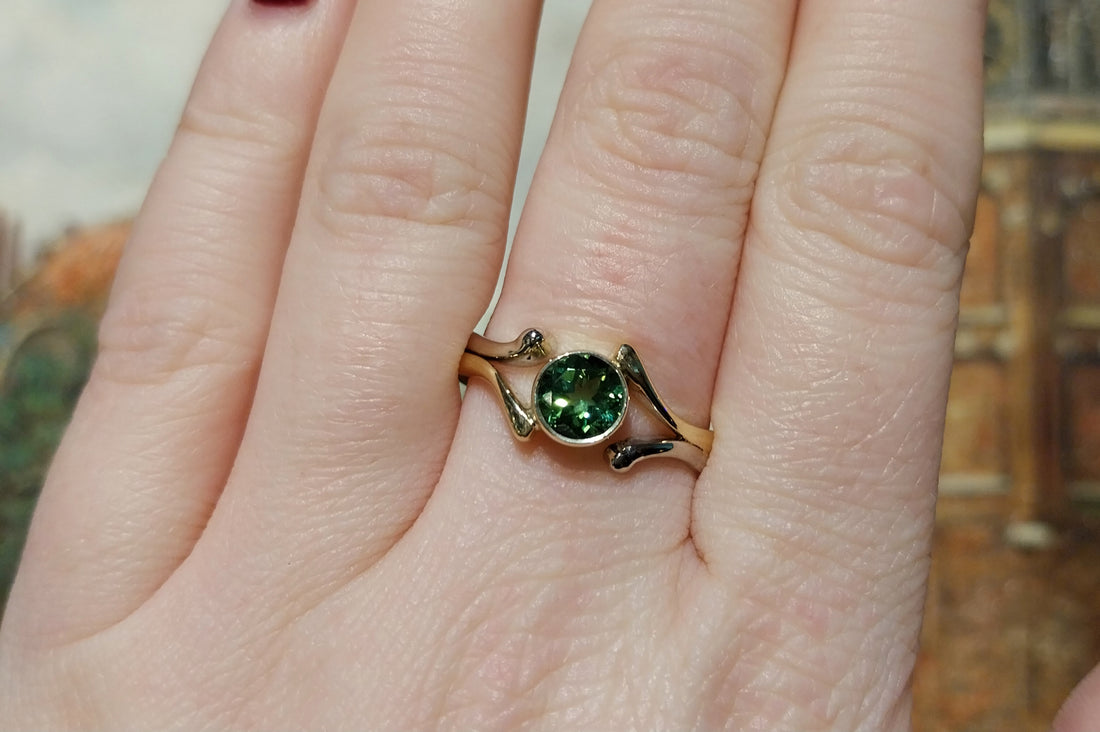 Green tourmaline ring in 14 carat gold-Vintage Rings-The Antique Ring Shop