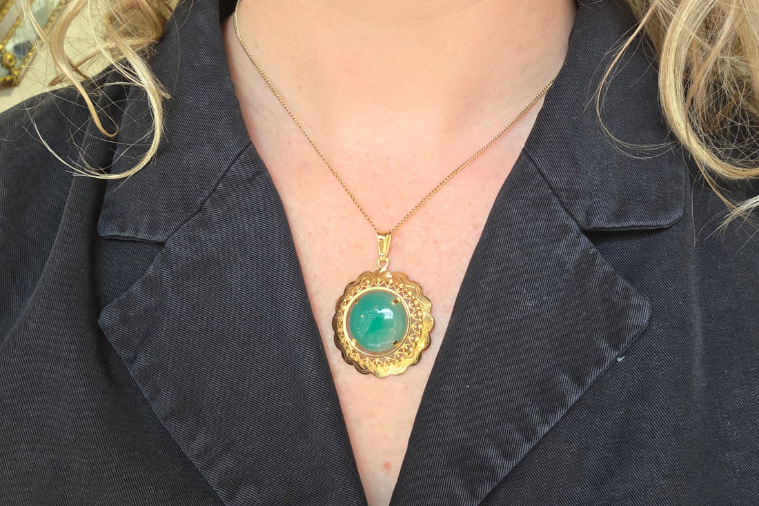 Chrysoprase pendant in 14 carat gold-Pendants-The Antique Ring Shop