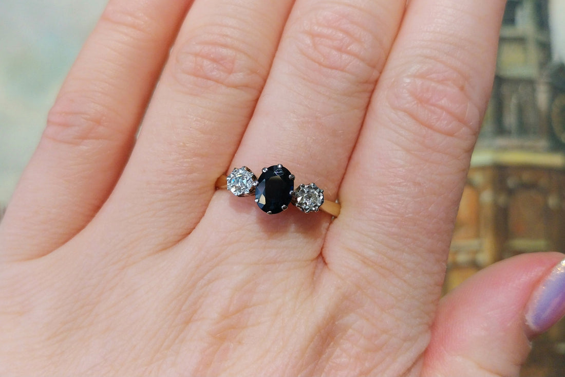 Vintage three stone sapphire and diamond ring-Vintage Rings-The Antique Ring Shop