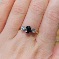 Vintage three stone sapphire and diamond ring-Vintage Rings-The Antique Ring Shop