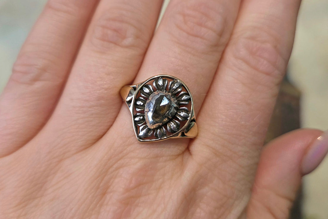 Antieke roos diamanten ring van zilver en goud