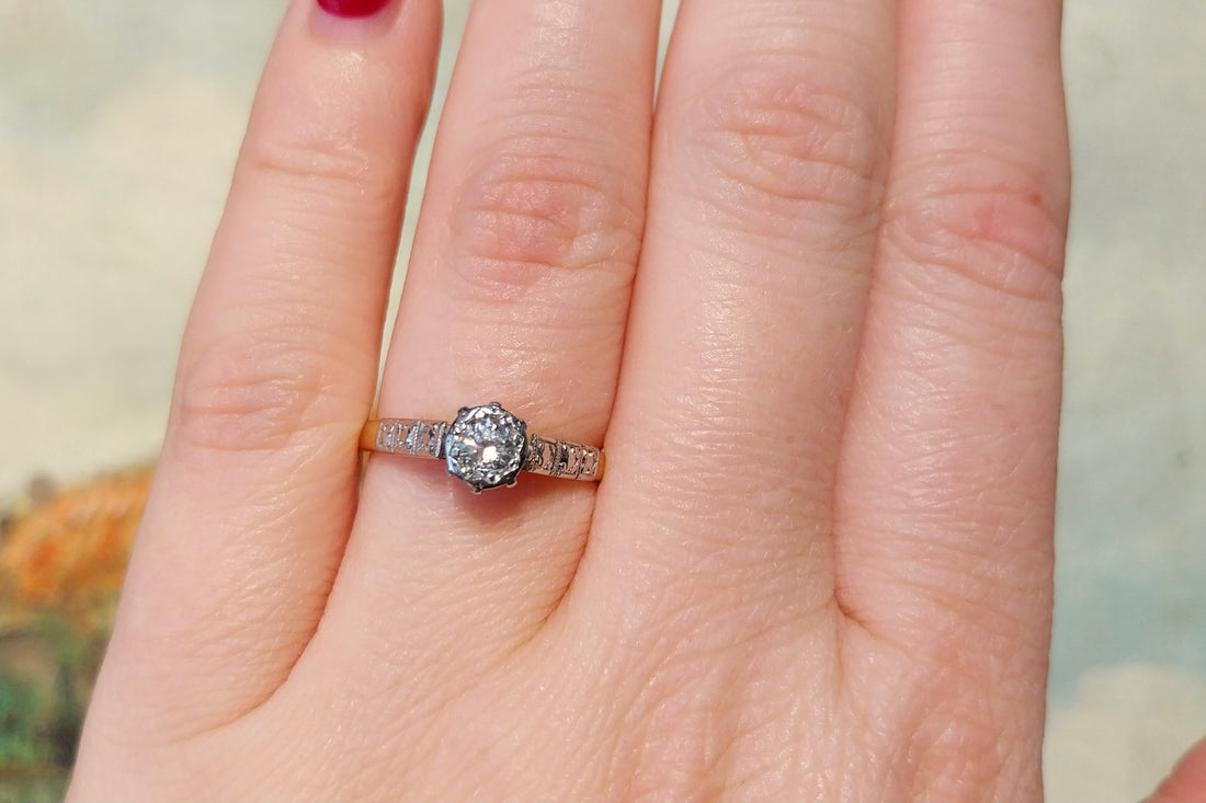 Vintage diamond solitaire ring in platinum and gold-engagement rings-The Antique Ring Shop