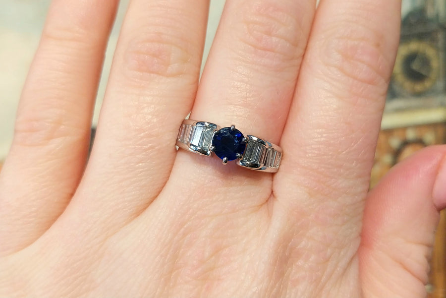 White gold ring with baguette diamonds and sapphire-engagement rings-The Antique Ring Shop