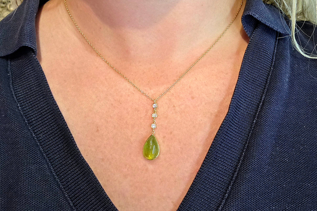 Peridot and diamond pendant in 18 carat gold-Pendants-The Antique Ring Shop