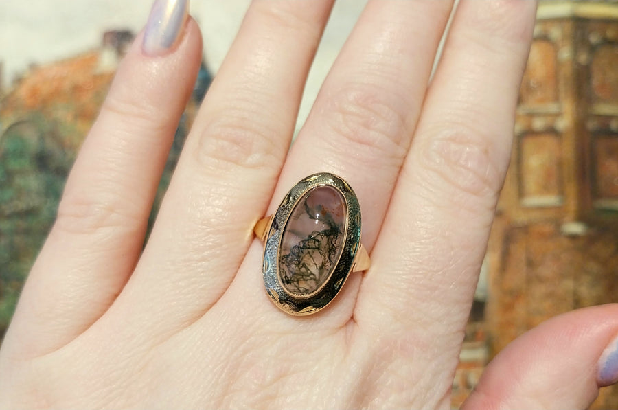 Vintage cabochon moss agate ring in 14 carat gold-Vintage Rings-The Antique Ring Shop