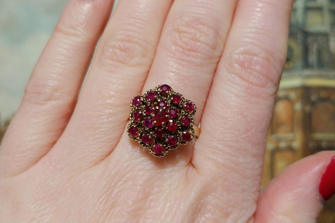 Ruby cluster ring in 18 carat gold-Vintage Rings-The Antique Ring Shop