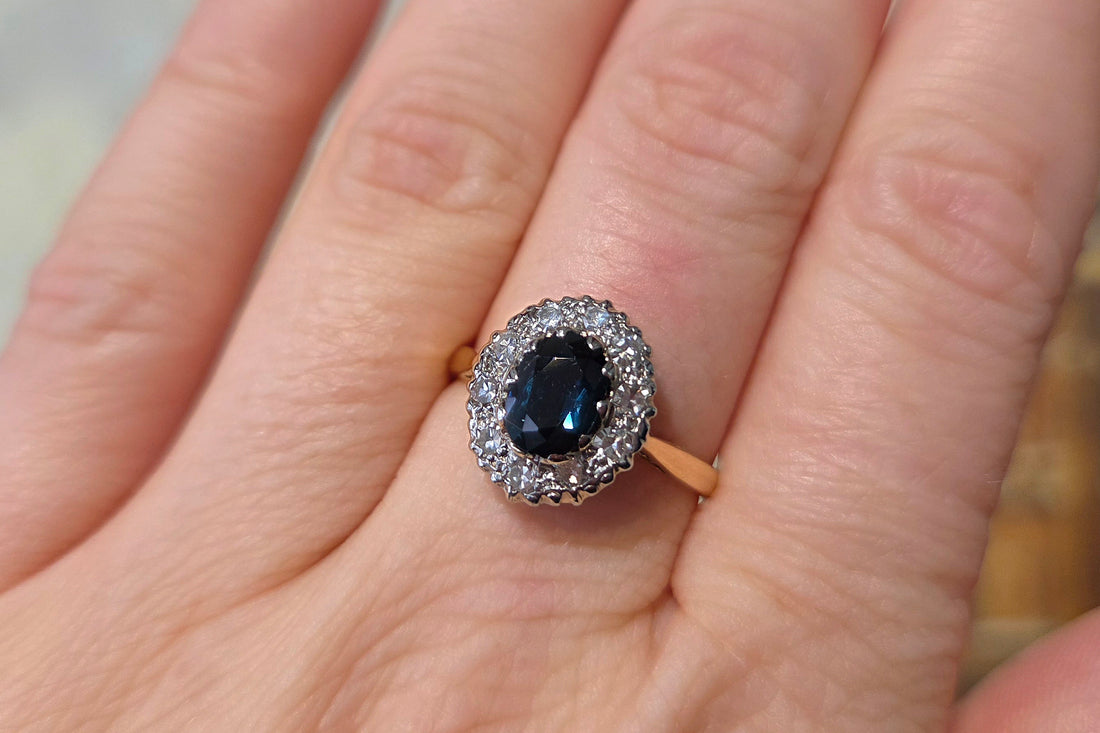 Vintage sapphire and diamond clsuter ring in 18 carat gold-engagement rings-The Antique Ring Shop