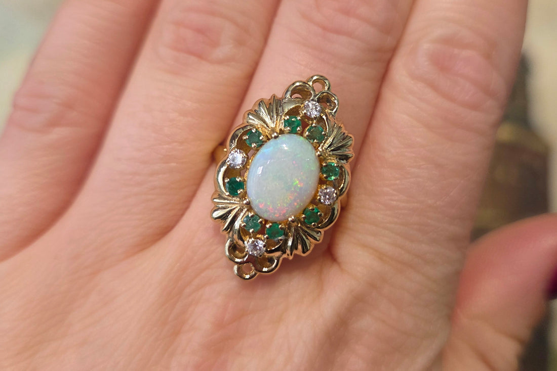 Opal emerald and diamond marquise ring-Vintage rings-The Antique Ring Shop