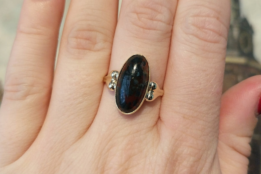 Cabochon moss agate ring in 14 carat gold-The Antique Ring Shop