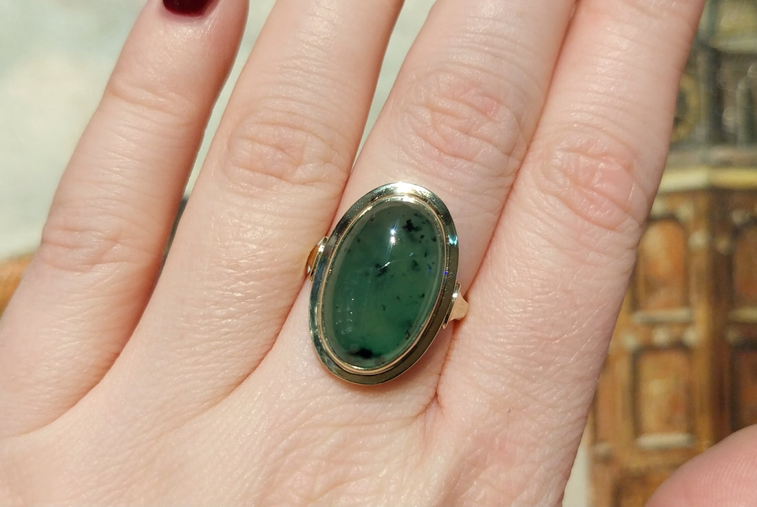 Cabochon nephrite jade ring-Vintage Rings-The Antique Ring Shop