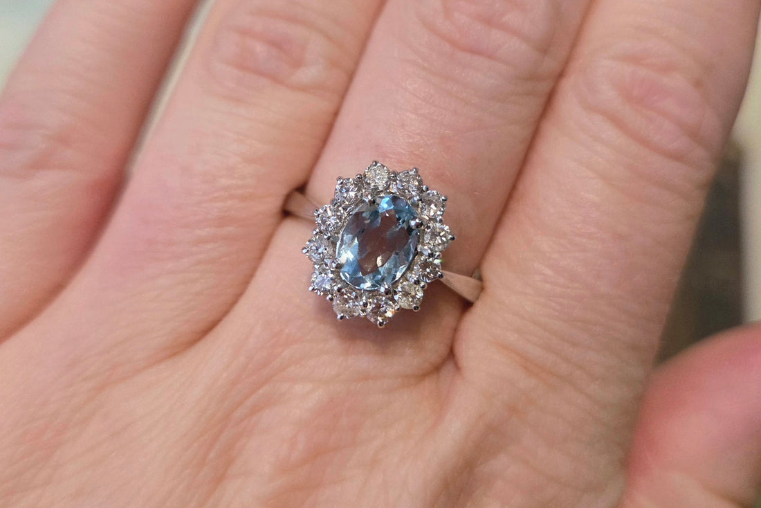 Aquamarine and diamond ring in white gold-engagement rings-The Antique Ring Shop