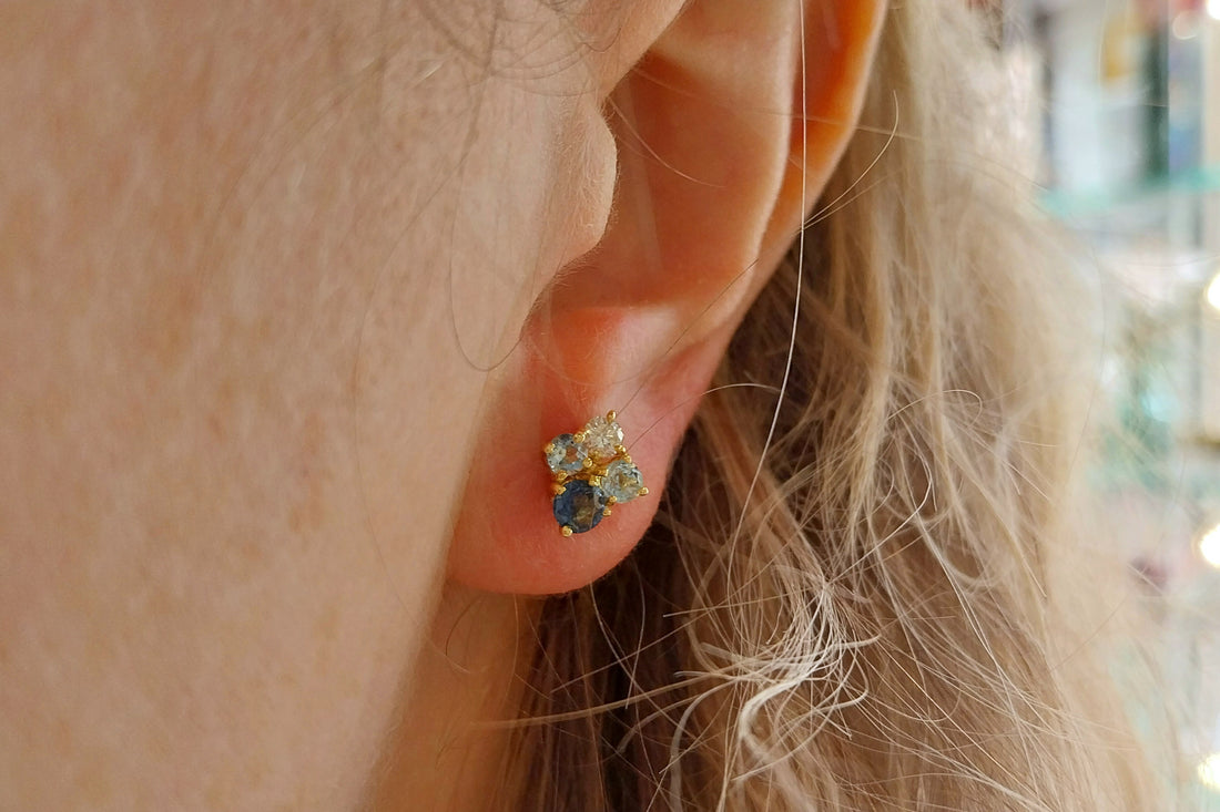 Aquamarine diamond and sapphire studs-Earrings-The Antique Ring Shop