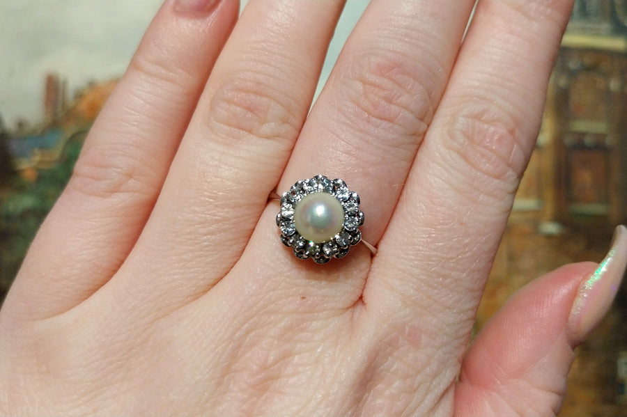 Vintage white gold pearl and diamond ring