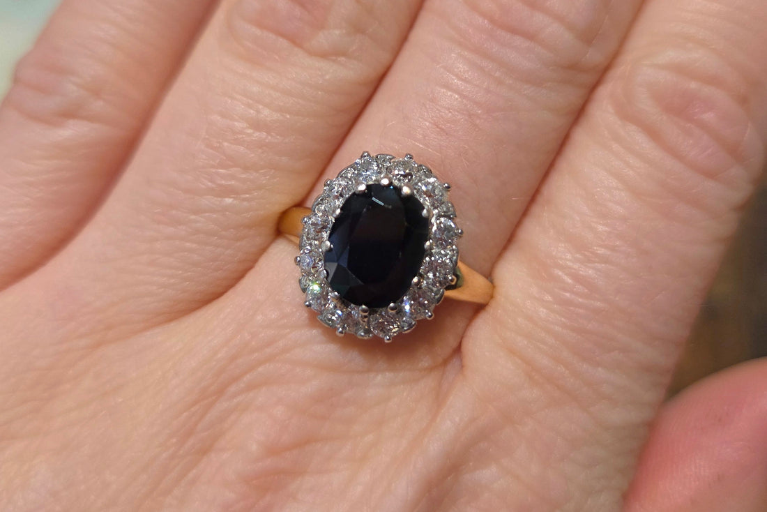 Vintage sapphire and diamond cluster ring-engagement rings-The Antique Ring Shop
