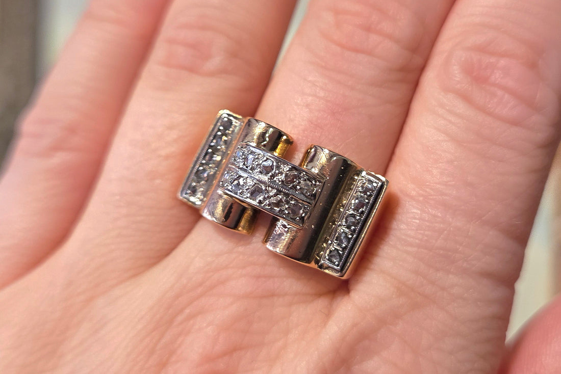 Art Deco rose diamond tank ring in 18 carat gold-Vintage rings-The Antique Ring Shop