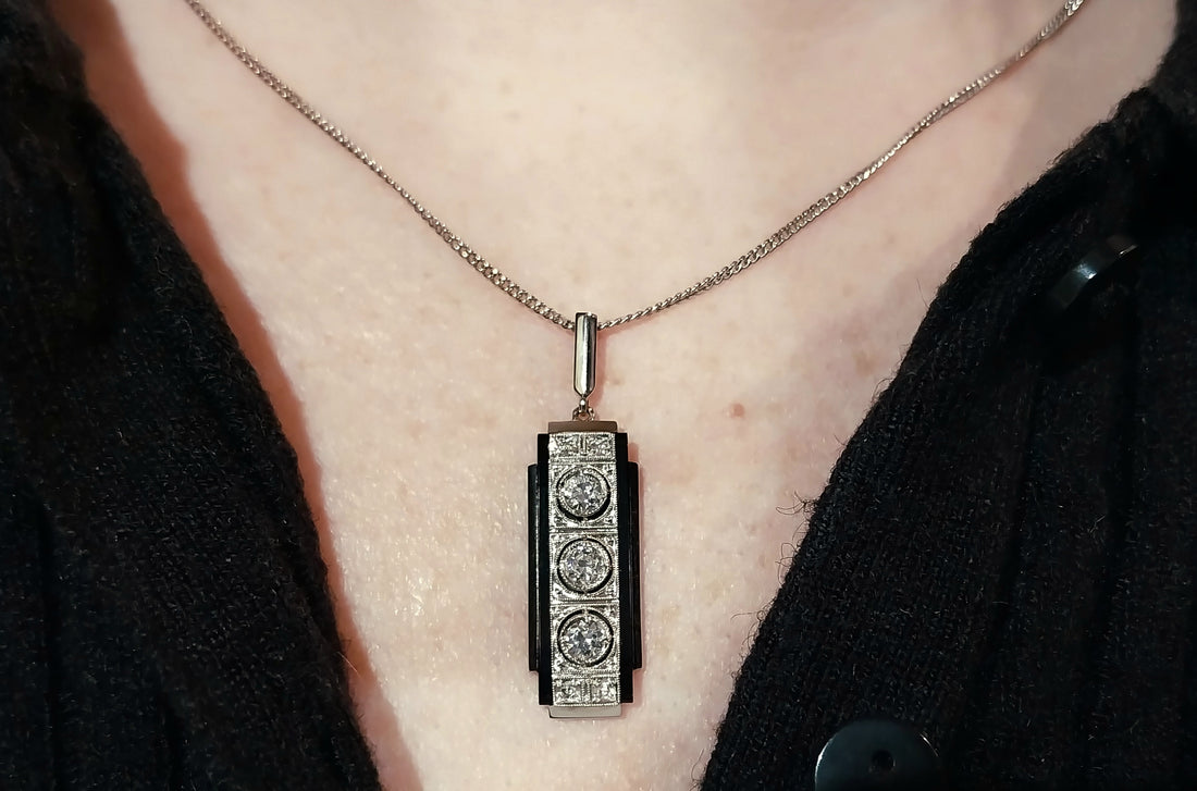 Art Deco white gold diamond and onyx pendant-Pendants-The Antique Ring Shop